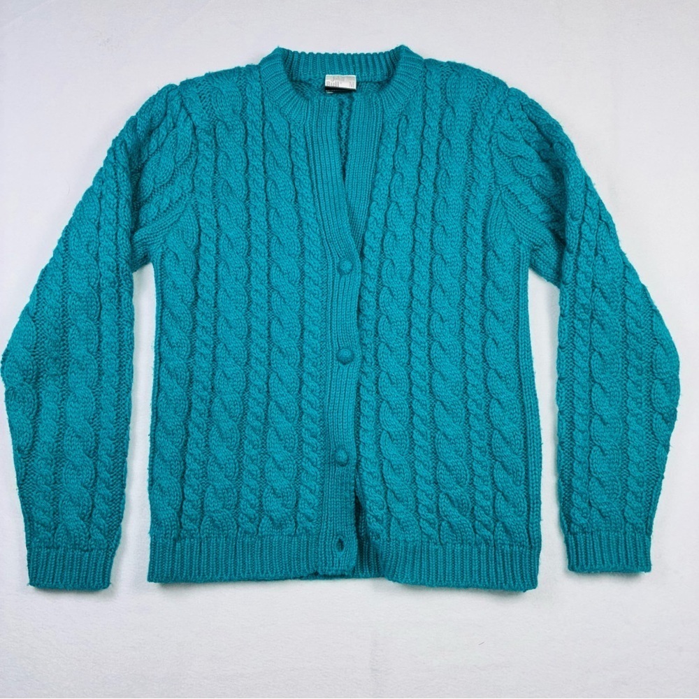 Vintage Cable Knit Cardigan Sweater Women's Medium Turquoise Hand Loomed 70s